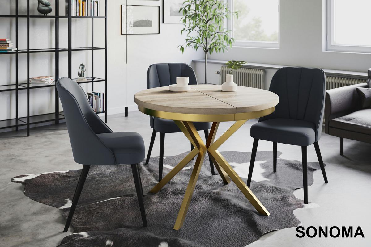 RUNDER Esszimmertisch BERGO, ausziehbarer Tisch Durchmesser: 90 cm/170 cm, Wohnzimmertisch Farbe: Beige, mit Metallbeinen in Farbe Gold - Goldfarben/Sonoma Eiche, Holzwerkstoff (90/90/76cm) - Alpi-Möbel