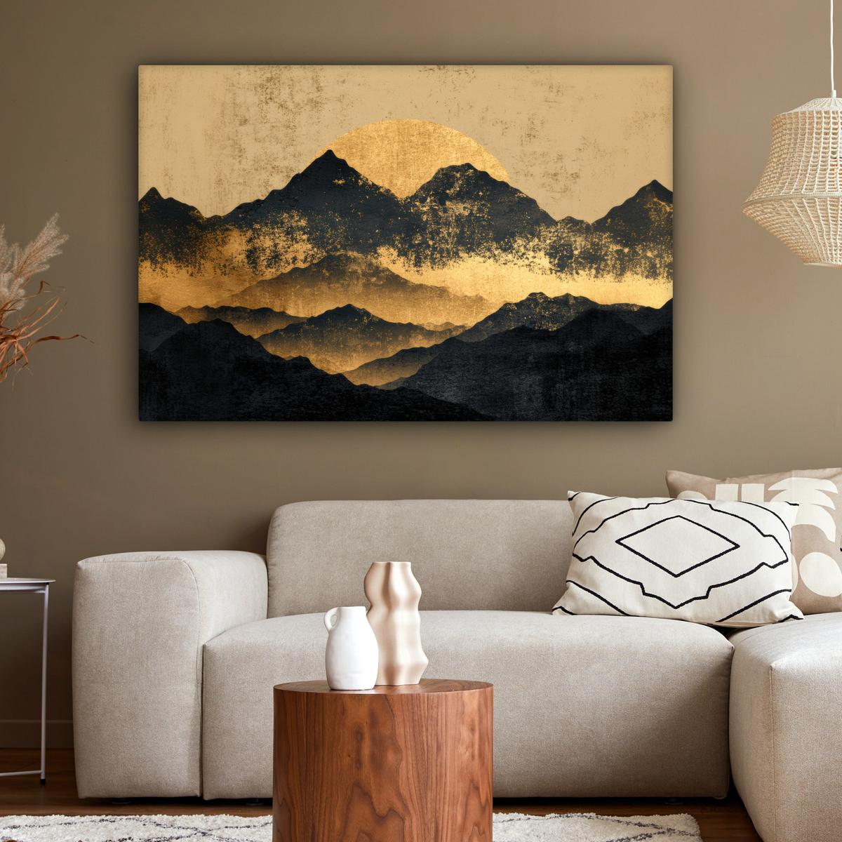 LEINWANDBILD Goldene Berge bei Mondschein Wohnzimmer Groß 120x80 cm - Goldfarben, Textil (120/80cm) - MuchoWow