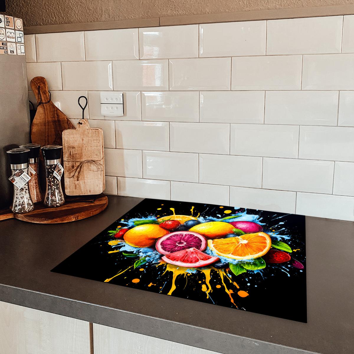 HERDABDECKPLATTE Obst - Graffiti - Bunt - Orange - Erdbeere - Abstrakt Abdeckung Ceranfeld 58.3x51.3 cm - Orange, Kunststoff (58.3/51.3/0.2cm) - MuchoWow