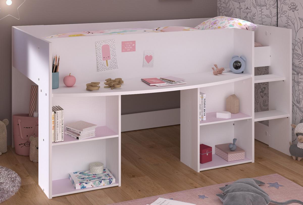 HOCHBETT Bett 90 x 200 cm mit Stauraum und Bastelfläche - Weiß/Kieferfarben, Holzwerkstoff (90/200cm) - Parisot Meuble