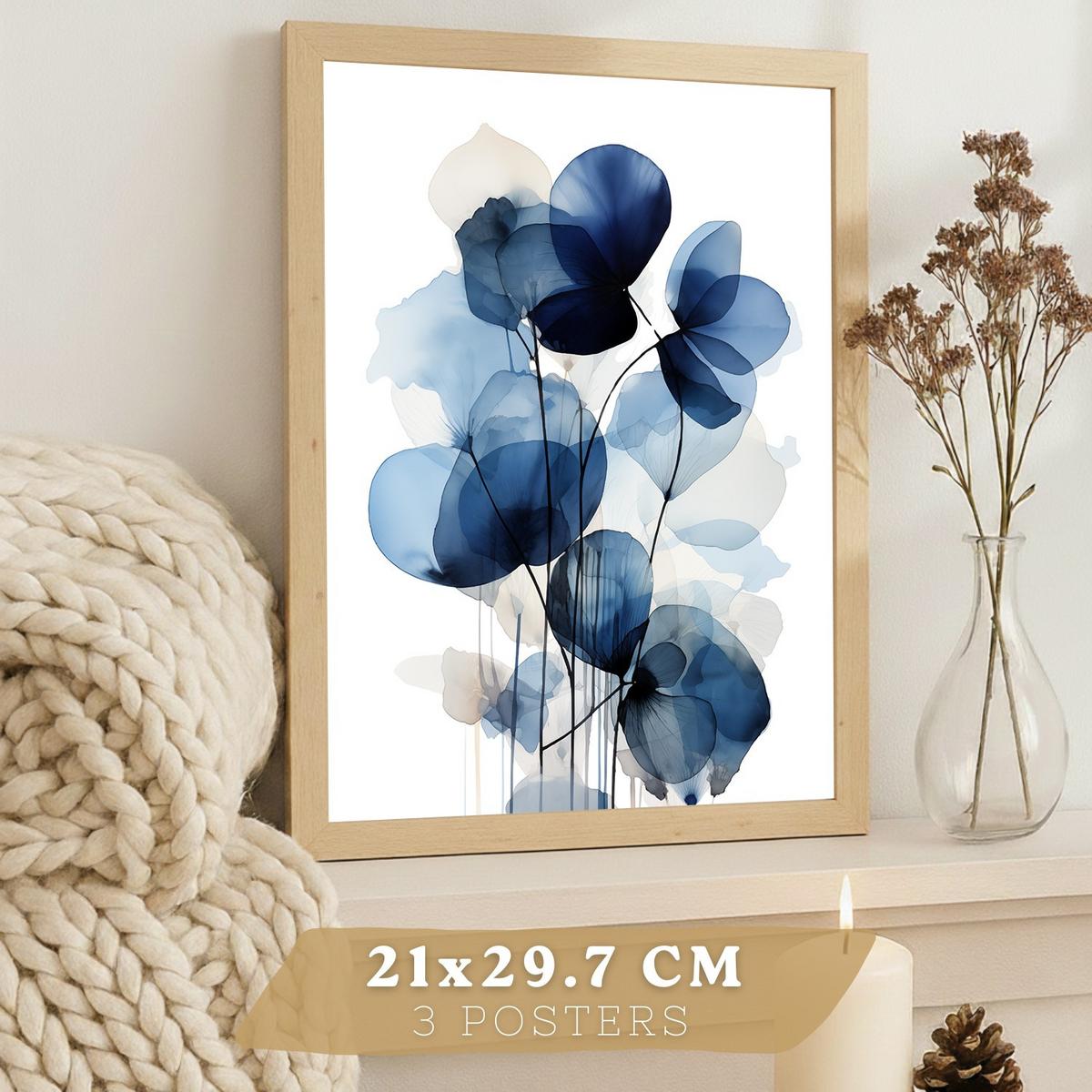 POSTER 3er-Set Wandbilder Blumen Blau modern Wohnzimmer Deko, Schlafzimmer, Küche, Badezimmer Leichter Holzrahmen A4 - Beige, Papier (29.7/1/21cm) - Nacnic