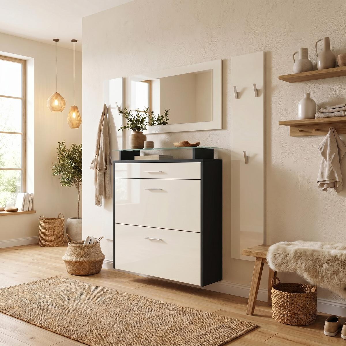 GARDEROBE Malea Front in Creme Hochglanz - Creme, Holzwerkstoff (180/180/23cm) - Vladon