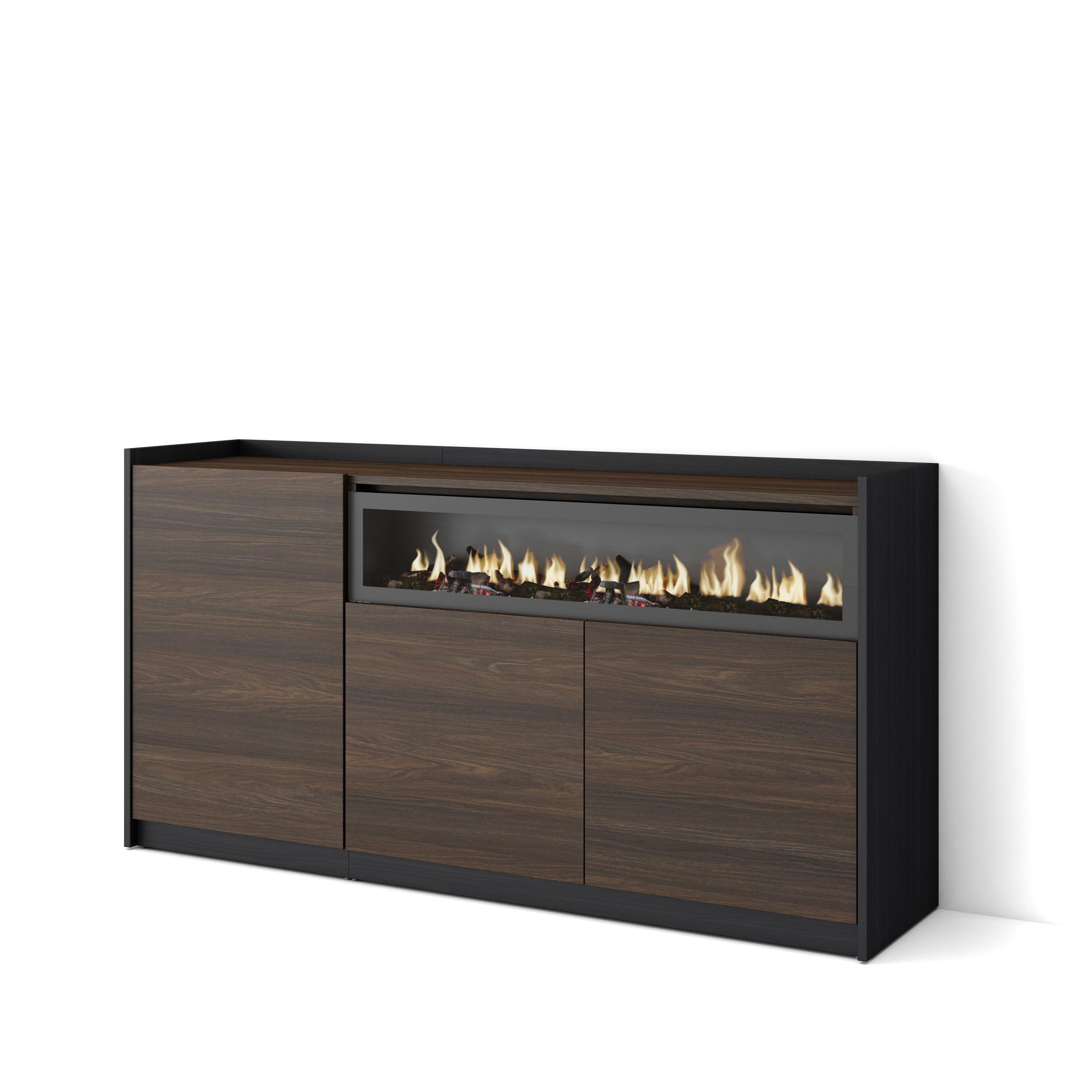 SIDEBOARD, Highboard, Dunkler Eiche und Schwarz, Elektrokamin, 156/37/80cm - Hellbraun, Holzwerkstoff (156/80/37cm) - Skraut Home