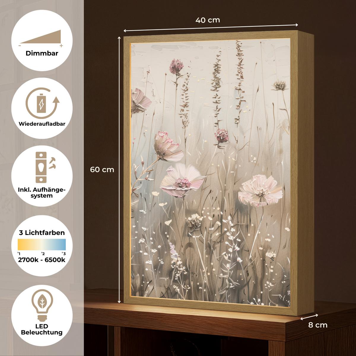 WANDLEUCHTE MIT AKKU Blumen - Rosa - Modern - Beige 40x60 cm - Altrosa, Holzwerkstoff (40/60/8cm) - OnlyWow