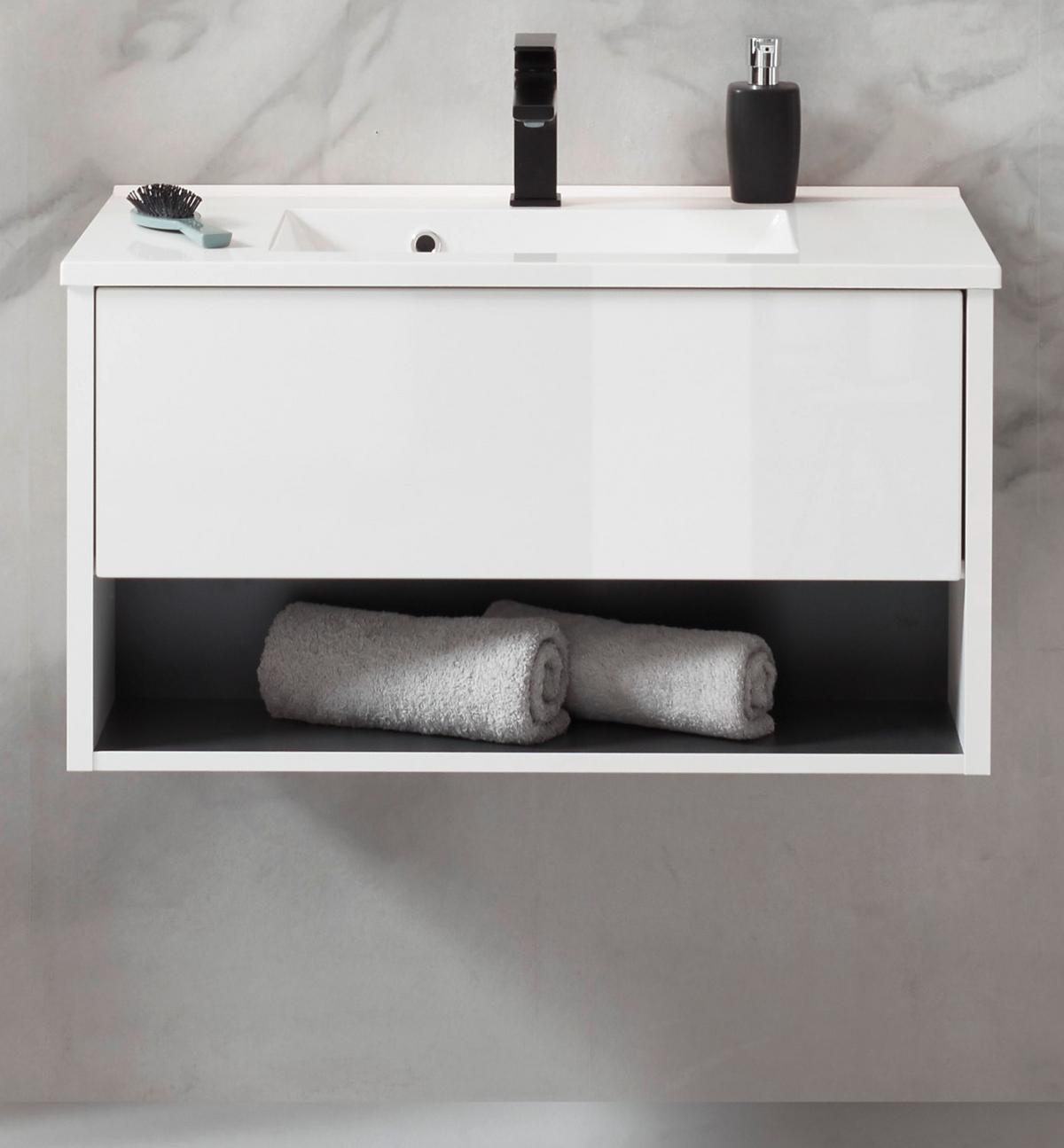 WASCHBECKENUNTERSCHRANK weiß Hochglanz, Waschtisch komplett mit Waschbecken, 80 cm hängend - Weiß Hochglanz/Grau, Holzwerkstoff/Metall (80/44/47cm) - Furn.Design