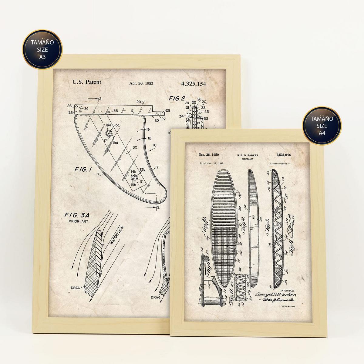 POSTER Set Mit 6 Plakaten Mit Surfen Patenten Im Vintage Stil A3 & A4 Rahmen Aus Hellem Holz - Beige, Papier (29/3cm) - Nacnic