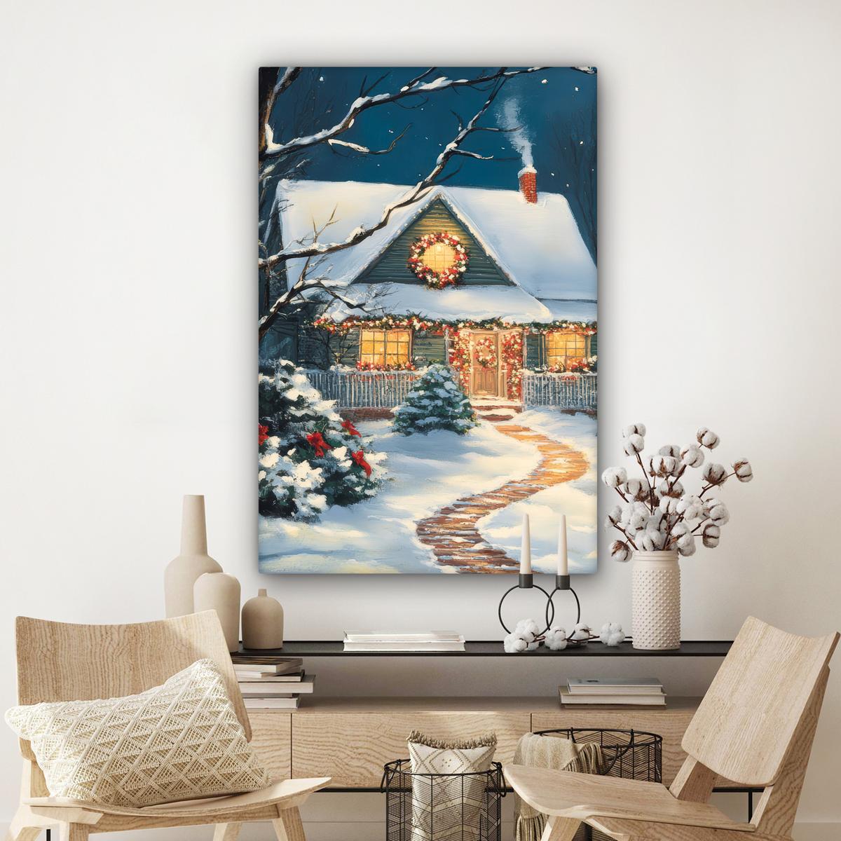 LEINWANDBILD Weihnachten - Weihnachtsbaum - Winter - Zuhause - Schnee Deko Groß 90x140 cm - Smaragdgrün, Textil (90/140cm) - MuchoWow