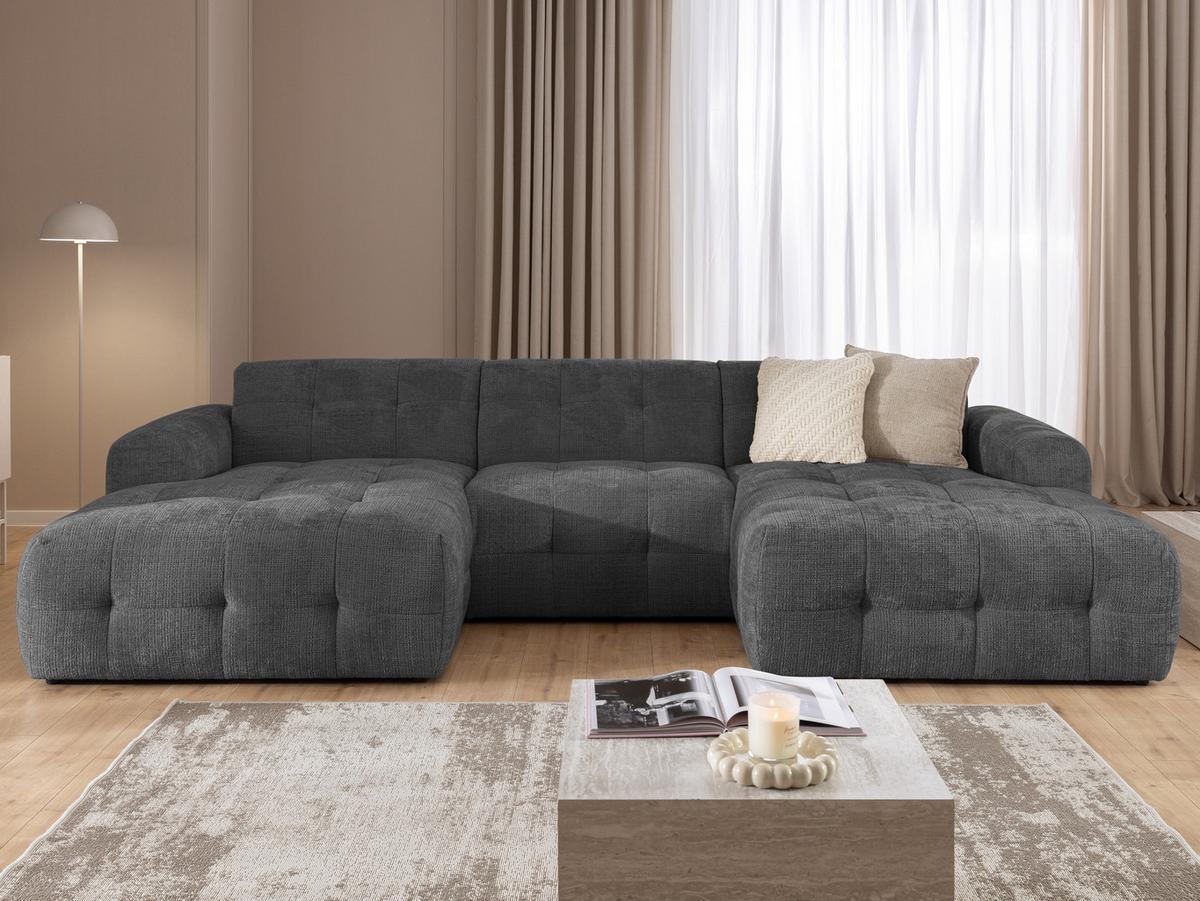 WOHNLANDSCHAFT Kozy im Bumpy-Design mit fester Rückenlehne aus weichem Grau Chenille-Stoff - Schwarz/Grau, Holz/Kunststoff (323/79/161cm) - S-Style