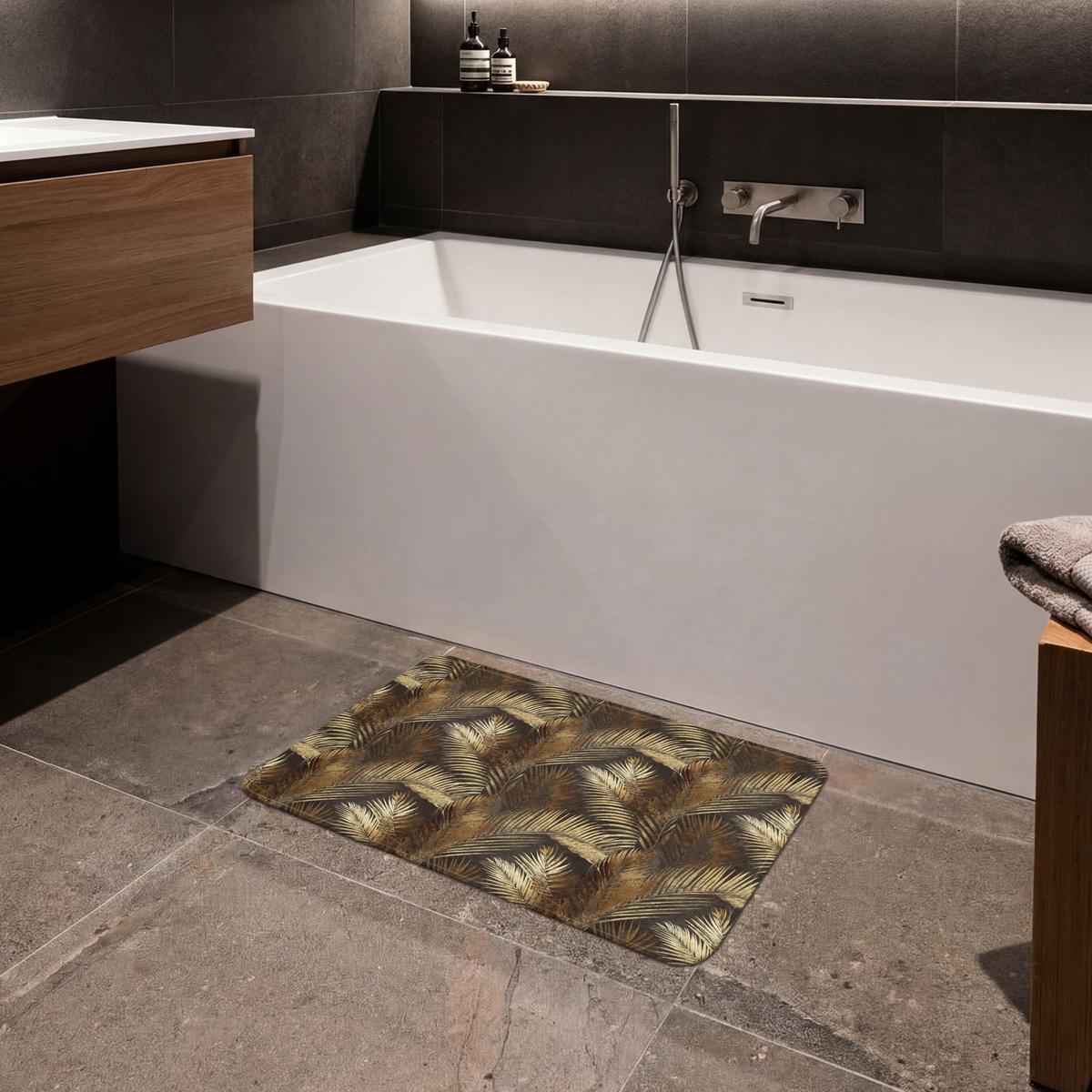BADEMATTE Tropisch - Blätter - Gold 60x40 cm - Dunkelbraun/Goldfarben, Textil (60/40cm) - OnlyWow
