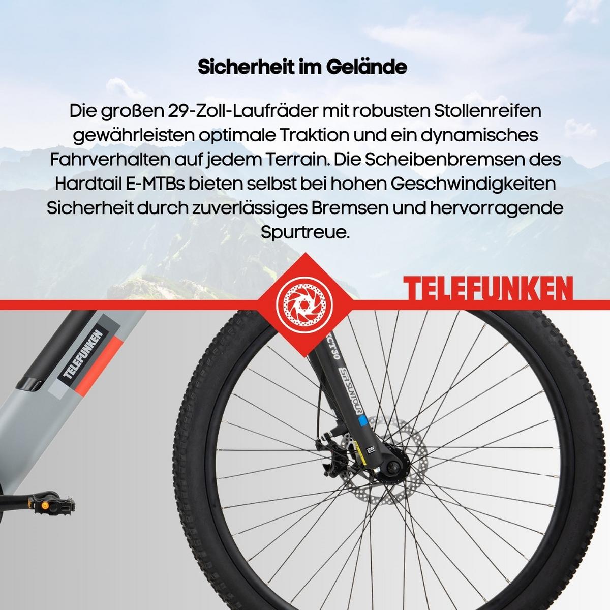 E-BIKE Mountainbike Aufsteiger M921 | Für Damen u. Herren | 468 Wh | Heckmotor | 7-Gang-Kettenschaltung | 29 Zoll - Grau, Metall (114.6cm) - Telefunken