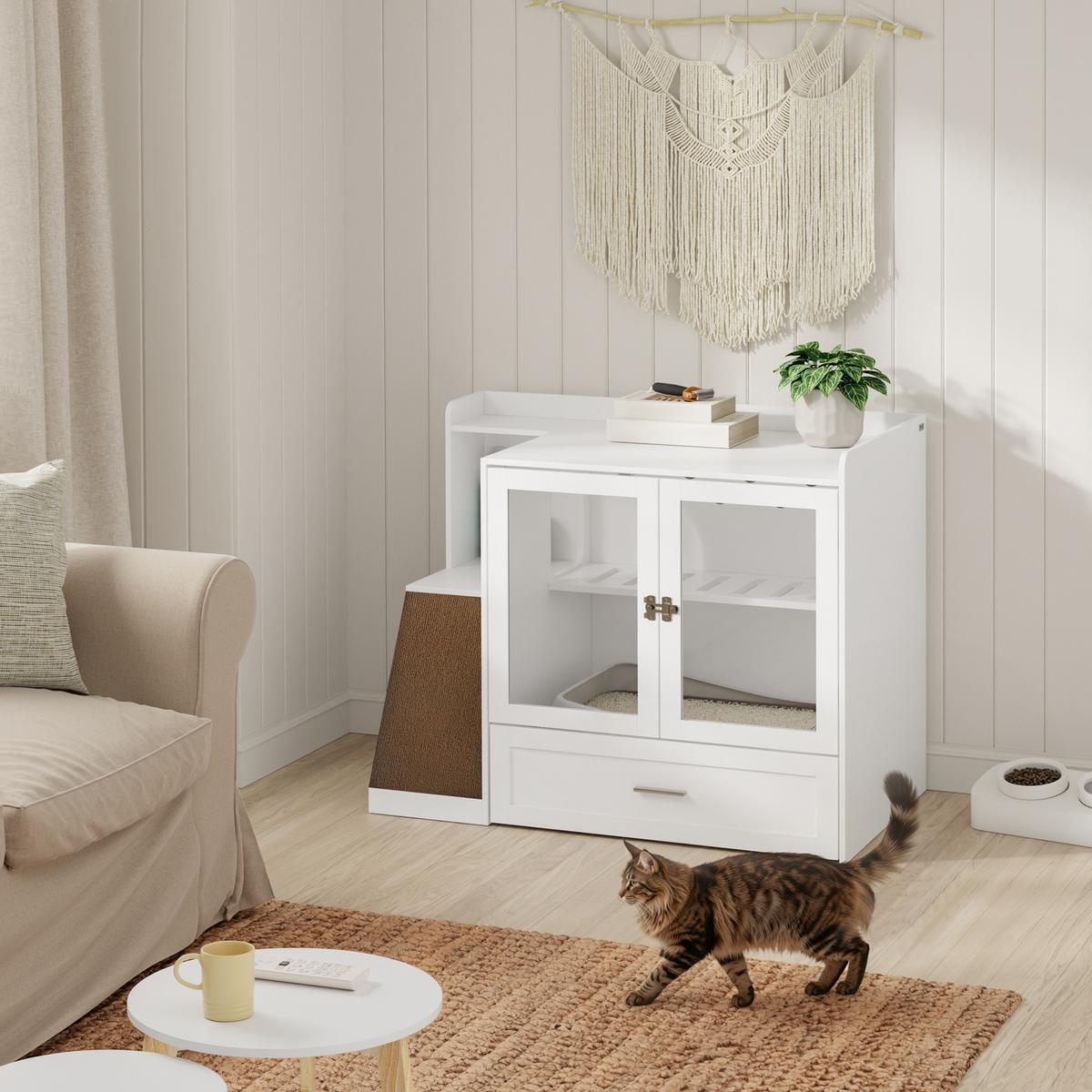 KATZENSCHRANK mit Streukastenverkleidung und Kratzbrett HAT02-L-E-W - Ahornfarben/Weiß, Holzwerkstoff/Fell (60/80/98cm) - SoBuy