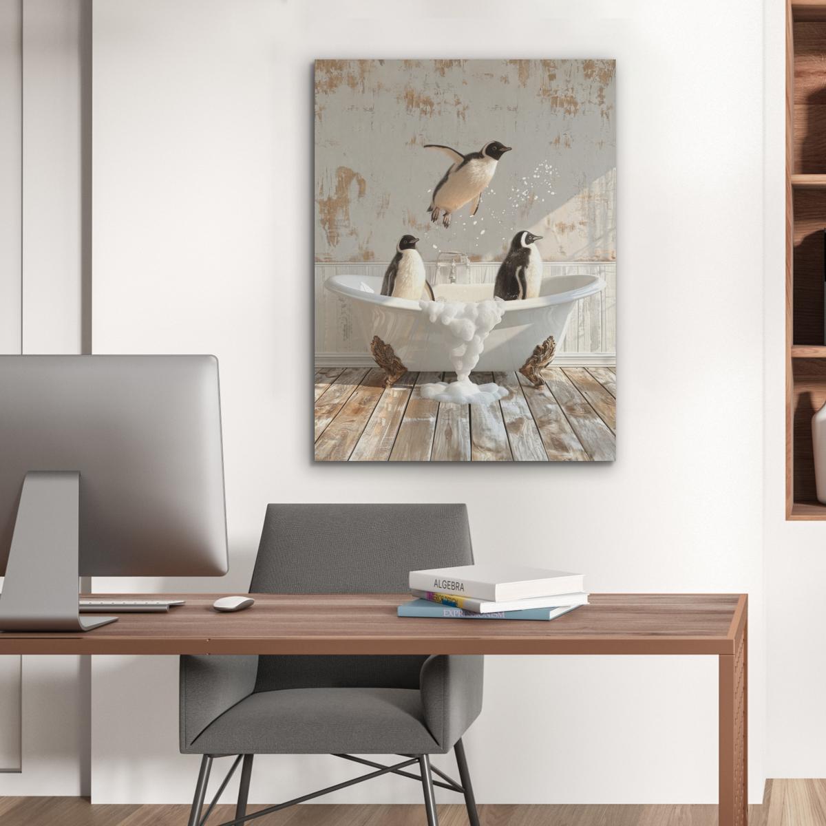 AKUSTIKBILD Vintage - Pinguin - Badewanne - Schaumstoff Wandbilder 60x80 cm - Schwarz, Kunststoff (60/80/0.9cm) - MuchoWow