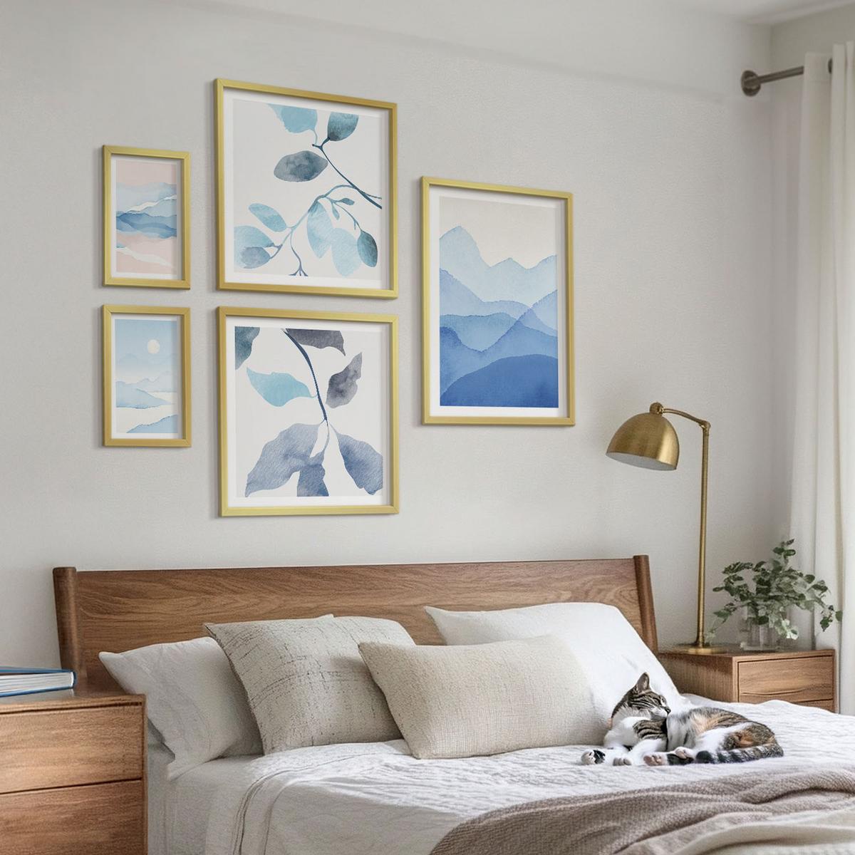 BILDER SET 5er Set - 50x50 cm & 20x30 cm & 40x60 cm Goldrahmen - Berglandschaften, Aquarellpflanzen - Goldfarben, Kunststoff (40/60cm) - TULUP