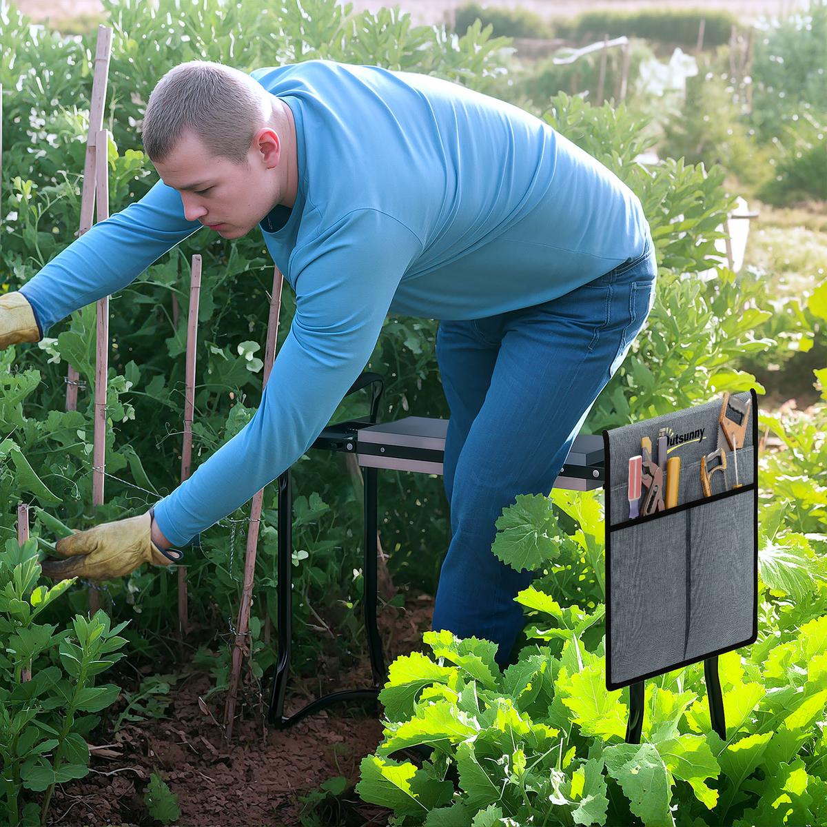 KNIEBANK für Gartenarbeit klappbar Gartenhocker mit Kniekissen Werkzeugtasche - Grau, Metall (28/49/58cm) - Outsunny