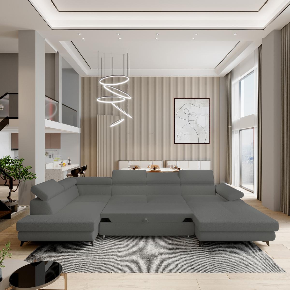 WOHNLANDSCHAFT RUBANO L-S Grau Boucle-Stoff mit Schlaffunktion - Grau, Holz (339/89/190cm) - MASSENO
