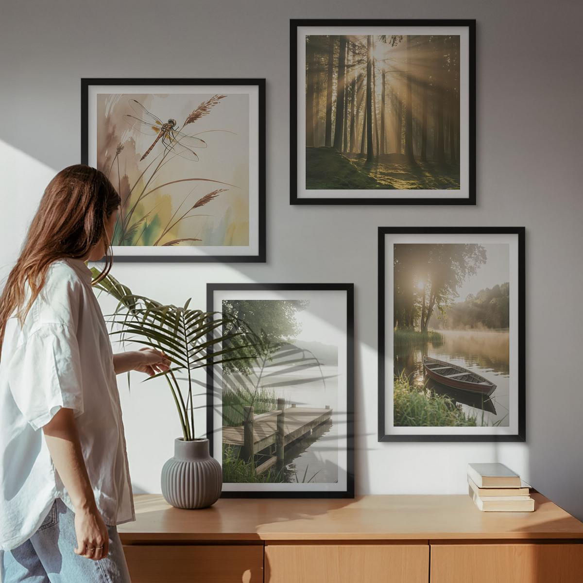 BILDER SET 4er Set - 50x50 cm & 40x60 cm Schwarzer Rahmen - See, Wald, Boot, Morgennebel - Schwarz, Kunststoff (50/50cm) - TULUP