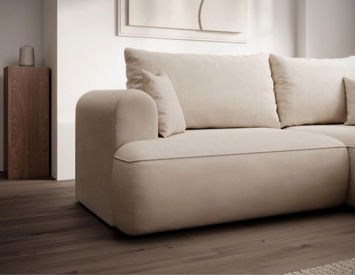 ECKSCHLAFSOFA Ovo Mini Creme Easy-Clean-Chenille-Bezug - Creme/Schwarz, Kunststoff/Textil (156/238cm) - Selsey
