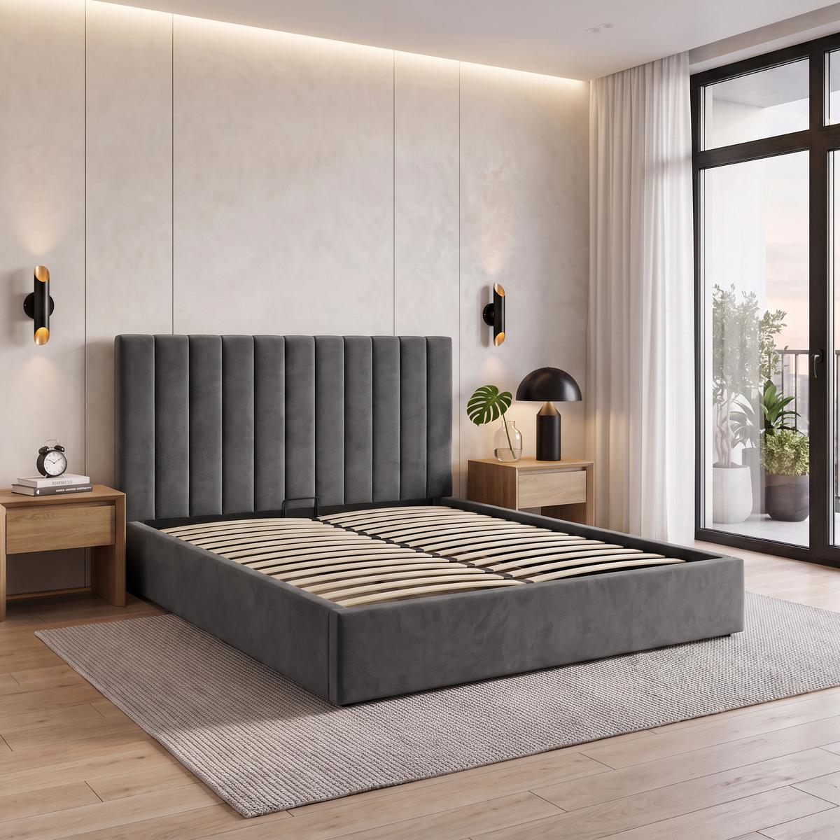 POLSTERBETT Melvio Doppelbett 160x200 cm mit Bettkasten und hohem Steppkopfteil, ohne Matratze, Dunkelgrau - Dunkelgrau, Textil (160/200cm) - Beautysofa