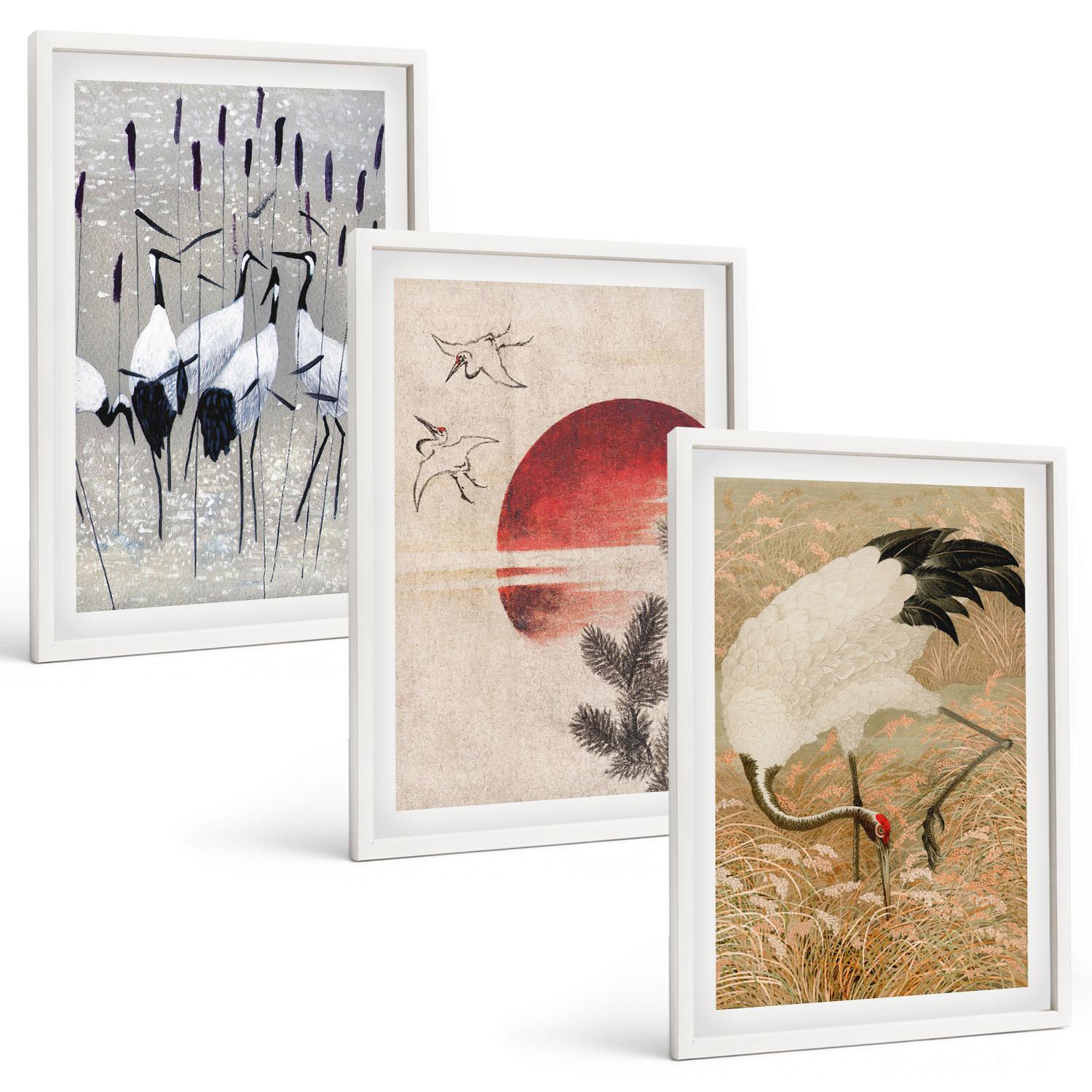 BILDER SET 3er Set - 40x60 cm Weißer Rahmen - Japanische Kraniche Landschaft - Weiß, Kunststoff (40/60cm) - TULUP