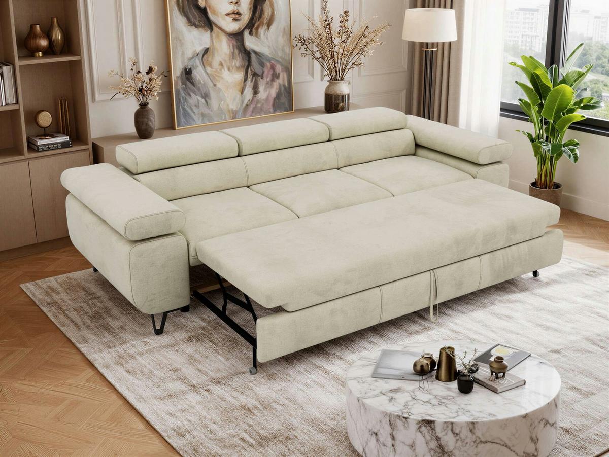 3-SITZER SOFA PETER mit Schlaffunktion - Beige Velvet - Beige/Schwarz, Textil/Metall (262/76/99cm) - MKS