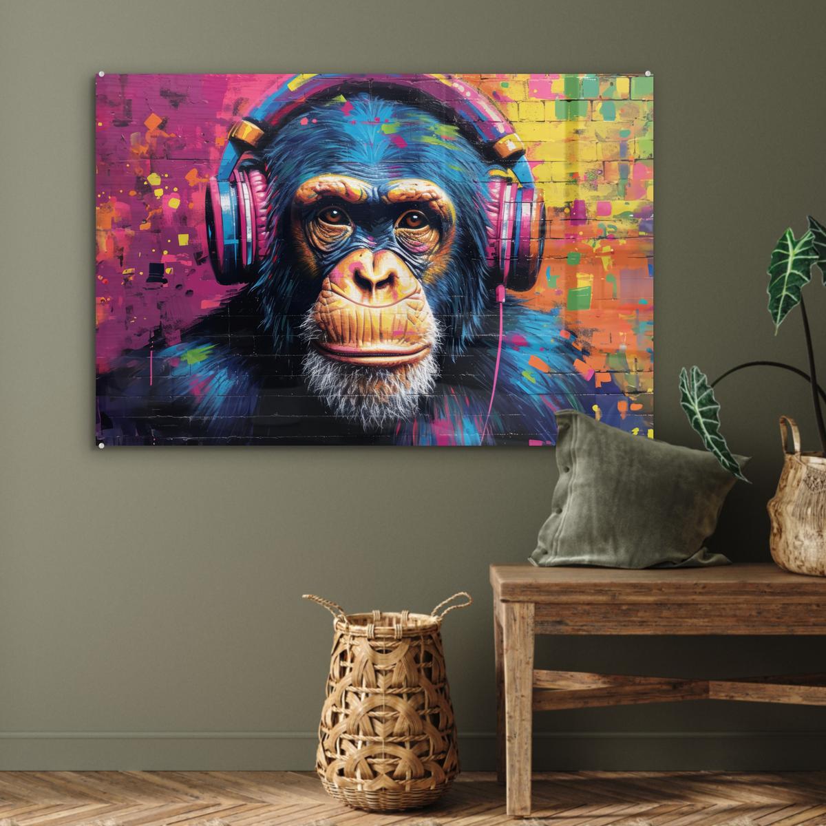 ACRYLGLASBILD Graffiti - Schimpanse - Straßenkunst - Kopfhörer - Affe Room Decor 90x60 cm - Blau, Glas (90/60cm) - MuchoWow