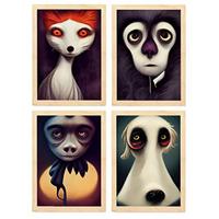 POSTER Set mit 4 Hören Tier im T Burton Goth Stil A4 Rahmen aus hellem Holz - Beige, Papier (29.7/3cm) - Nacnic