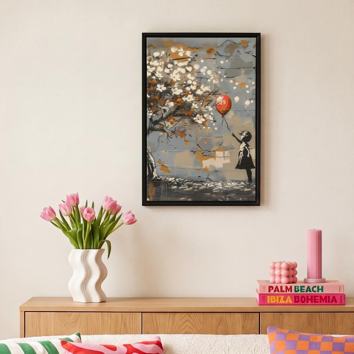 LEINWAND Bilder mit Rahmen - Baum - Graffiti - Banksy-Stil - Ballon-Mädchen - 20x30 - Blaugrau, Textil (20/30cm) - MuchoWow