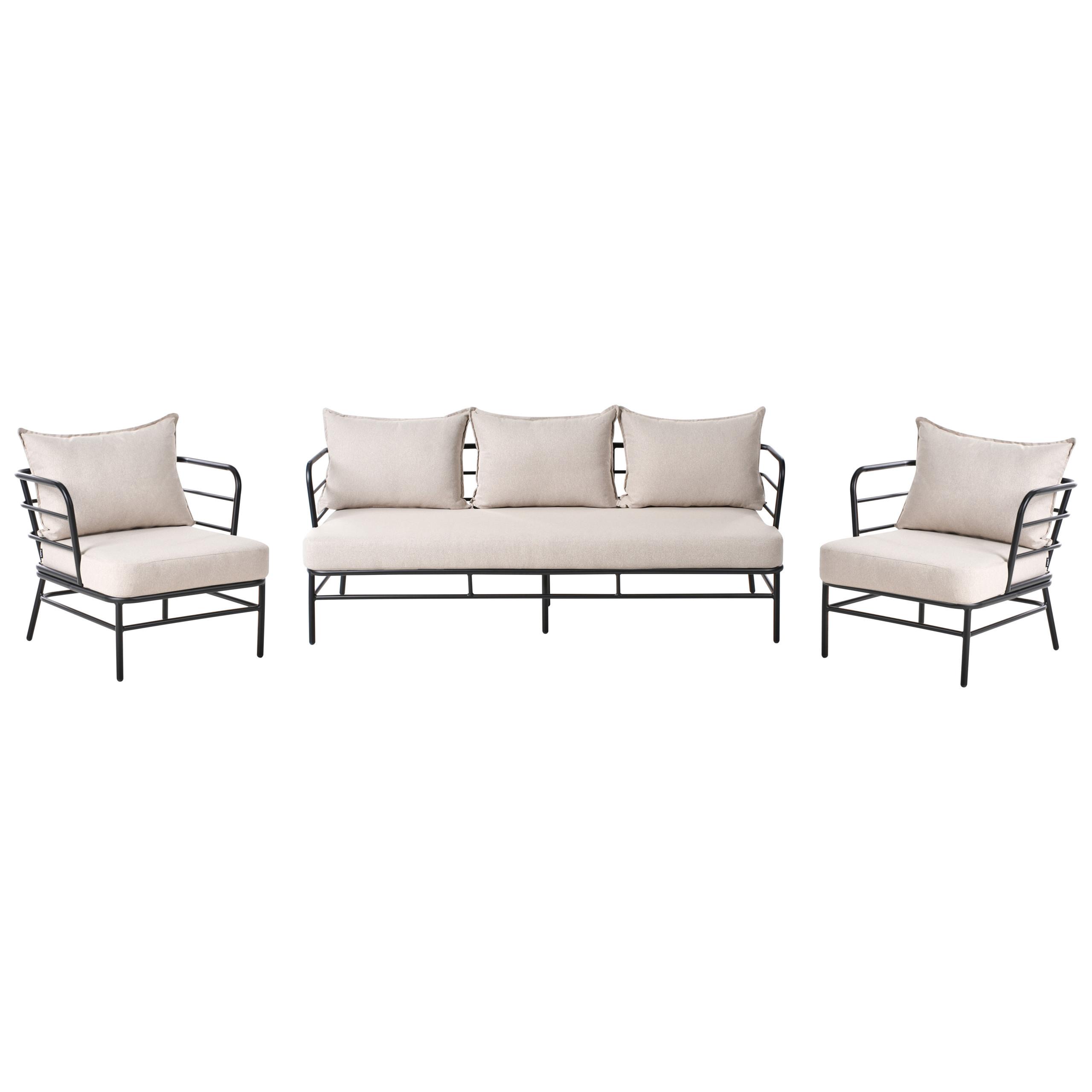 GARTENSOFA Set 5-Sitzer Metall Hellbeige Ponzone - Beige/Schwarz, Metall (196/80/79cm) - Beliani