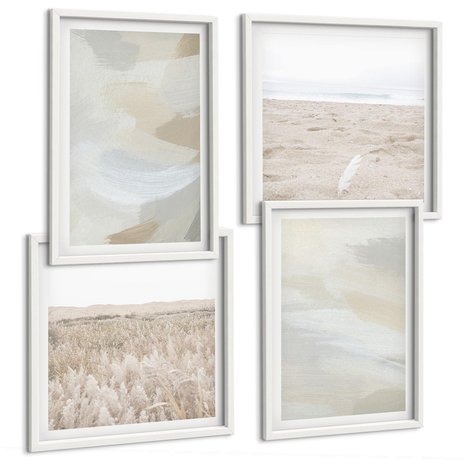 BILDER SET 4er Set - 50x50 cm & 40x60 cm Weißer Rahmen - Abstrakter Hintergrund mit feinen Strichen - Weiß, Kunststoff (50/50cm) - TULUP