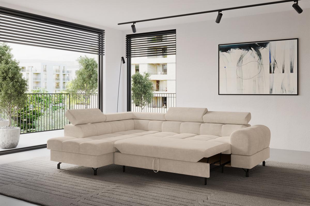 ECKSOFA mit Schlaffunktion Ottomane Links LUMA-L 272x203x70 Beige Velours - Sandfarben/Schwarz, Holzwerkstoff/Kunststoff (272/203cm) - ALTDECOR