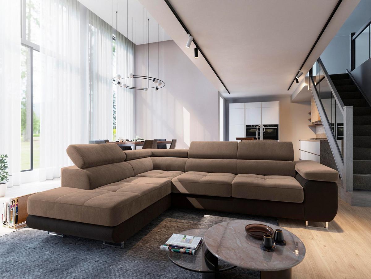 ECKSOFA SELVA L-S Beige Velours-Stoff mit Schlaffunktion - Beige/Silberfarben, Holz/Holzwerkstoff (275/202cm) - MASSENO