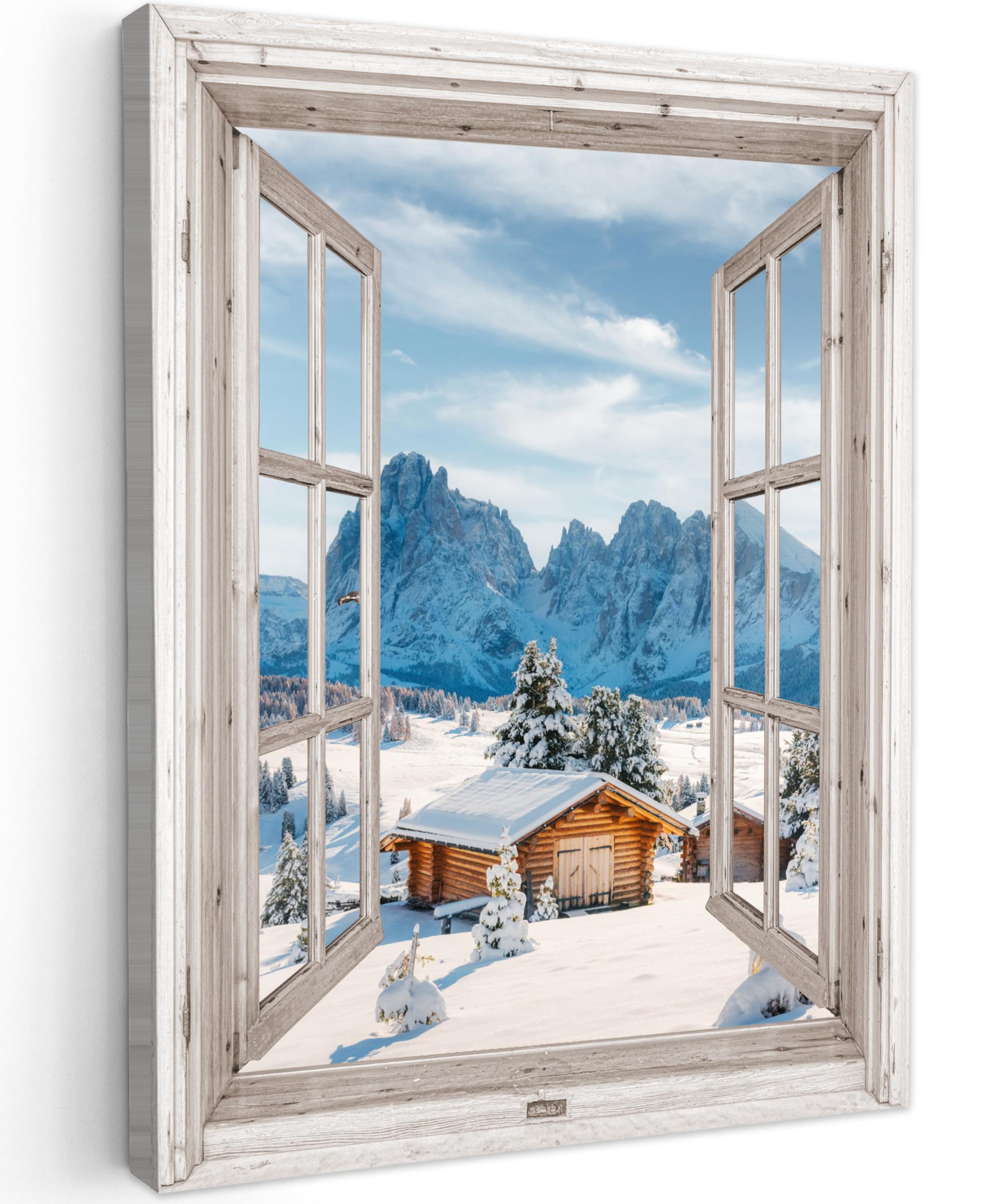 LEINWANDBILD Winterlandschaft - Hütte - Berge - Ausblicke - Aussicht - Natur Room Decor 30x40 cm - Weiß Hochglanz, Textil (30/40cm) - MuchoWow
