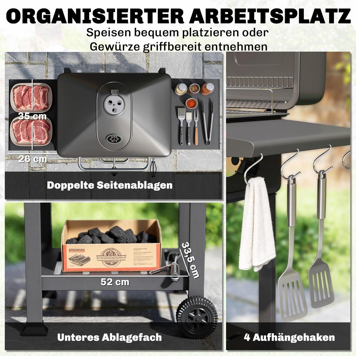 HOLZKOHLEGRILL Metall verzinkter Stahl Schwarz - Schwarz, Metall (63/101.5/112cm) - Outsunny