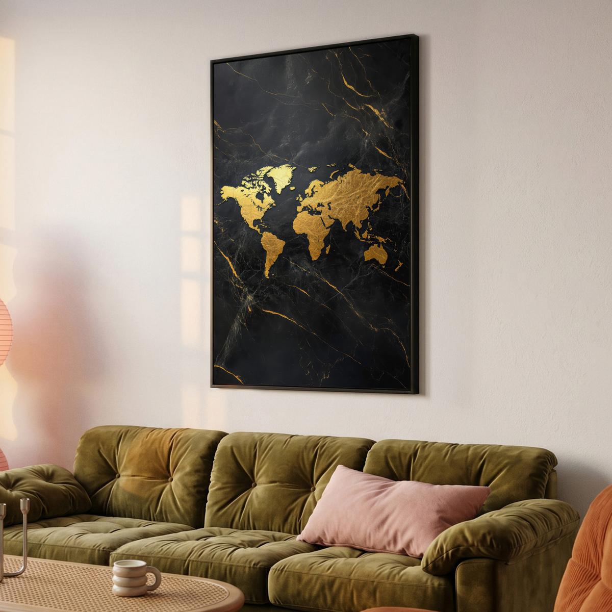 LEINWAND Bilder mit Rahmen - Weltkarte - Gold - Marmor - 100x150 - Goldfarben, Textil (100/150cm) - MuchoWow