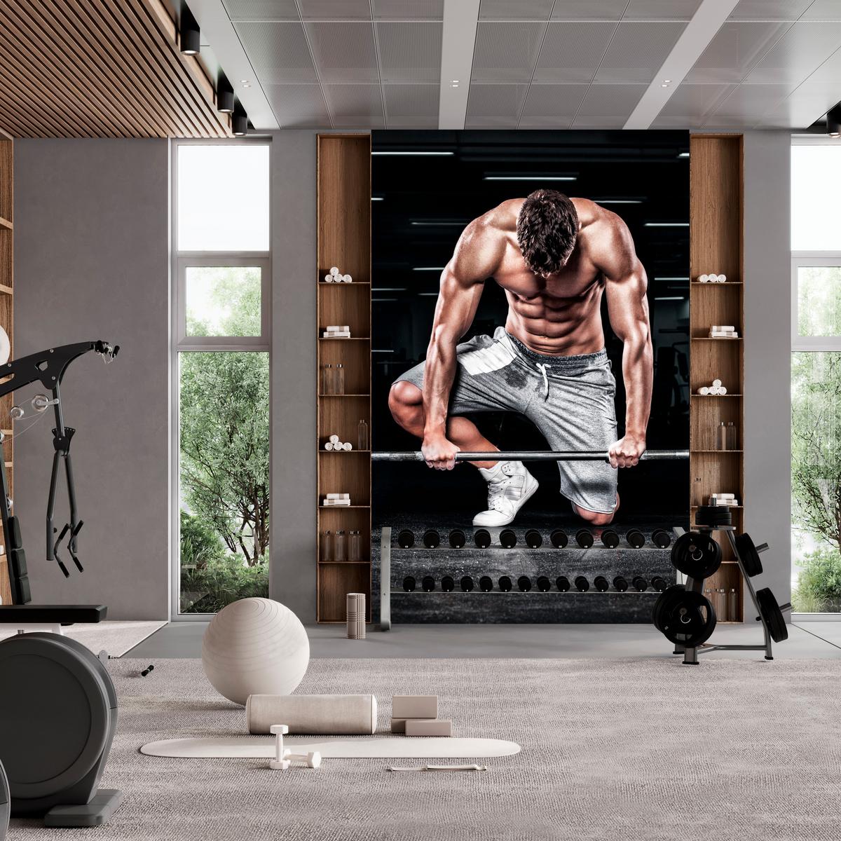 FOTOTAPETE Muskulöser Mann Fitnessstudio Training Sport 300x210 - Beige/Schwarz, Papier (300/210cm) - Muralo