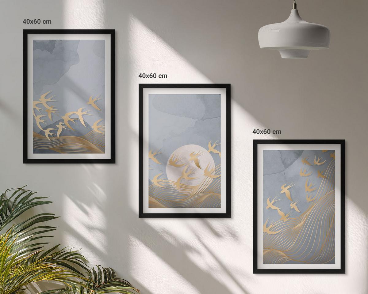 BILDER SET 3er Set - 40x60 cm Schwarzer Rahmen - Vögel, die am Himmel fliegen - Schwarz, Kunststoff (40/60cm) - TULUP