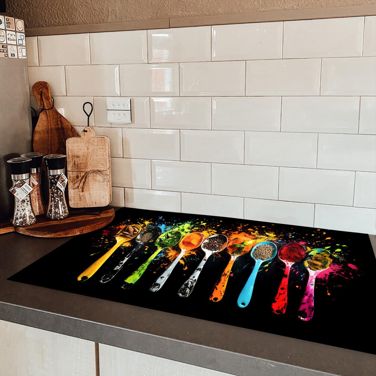 HERDABDECKPLATTE Löffel - Gewürze - Modern - Graffiti - Farbe - Farbenfroh Induktionsmatte 83x51 cm - Multicolor, Kunststoff (83/51.5/0.2cm) - MuchoWow