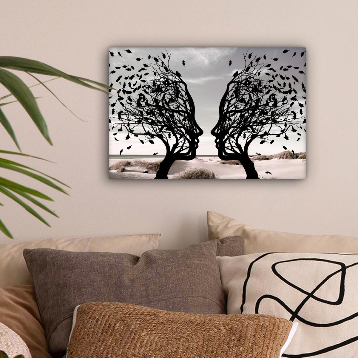 LEINWANDBILD Strand - Meer - Menschen - Baum - Moderne Kunst Deko Schlafzimmer 30x20 cm - Hellgrau, Textil (30/20cm) - MuchoWow
