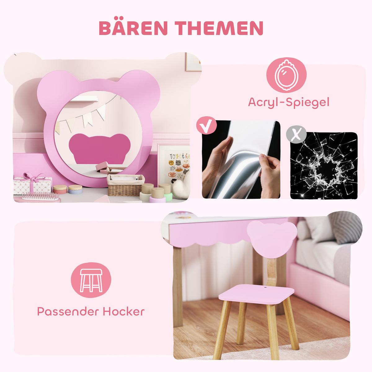 KINDER Schminktisch Set Frisiertisch mit Hocker Spiegel Schubladen Kosmetiktisch - Rosa/Naturfarben, Holzwerkstoff (35/86/68cm) - AIYAPLAY