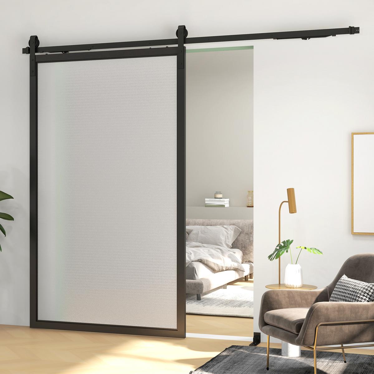 SCHIEBETÜREN-BESCHLAGSATZ, 244 cm Komplett-Set mit Schienen, Rollen, Anti-Sprung-Vorrichtungen, Türstopper, Schwarz - Schwarz, Metall (0.5/4/244cm) - HOMCOM