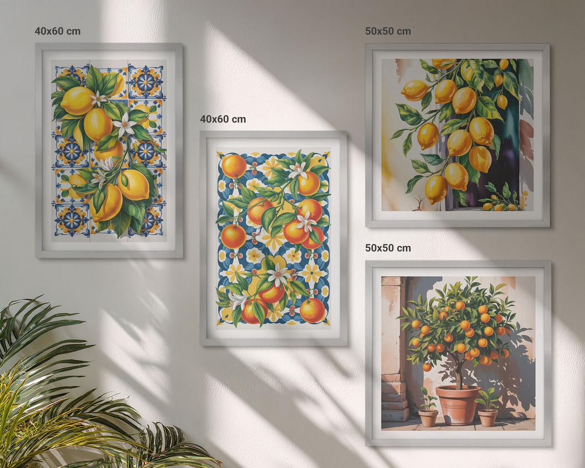 BILDER SET 4er Set - 50x50 cm & 40x60 cm Silberner Rahmen - Farbenfrohe abstrakte Zitrusfrüchte - Silberfarben, Kunststoff (50/50cm) - TULUP