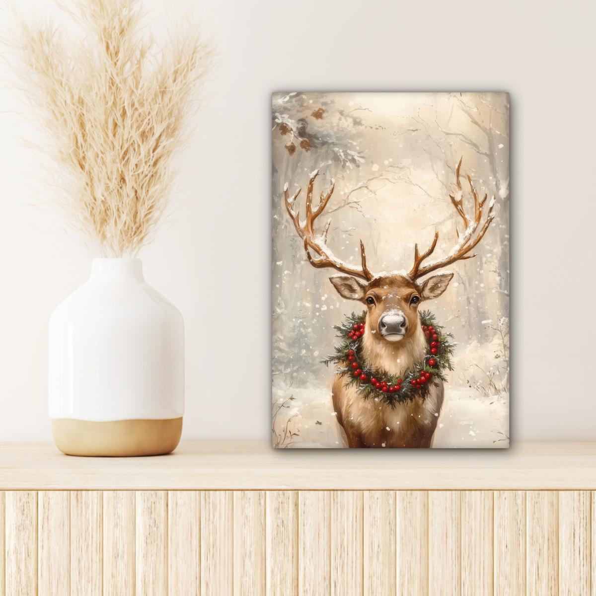 LEINWANDBILD Weihnachten - Rentier - Winter - Kranz Deko Wohnzimmer 20x30 cm - Naturfarben, Textil (20/30cm) - MuchoWow