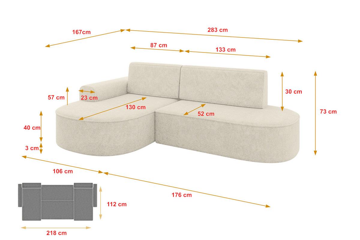 ECKSOFA mit Schlaffunktion und Bettkasten Ottomane Links MARI-L1-S - 283x167x73 cm Creme Tissu - Creme/Schwarz, Holzwerkstoff/Kunststoff (283/167cm) - ALTDECOR