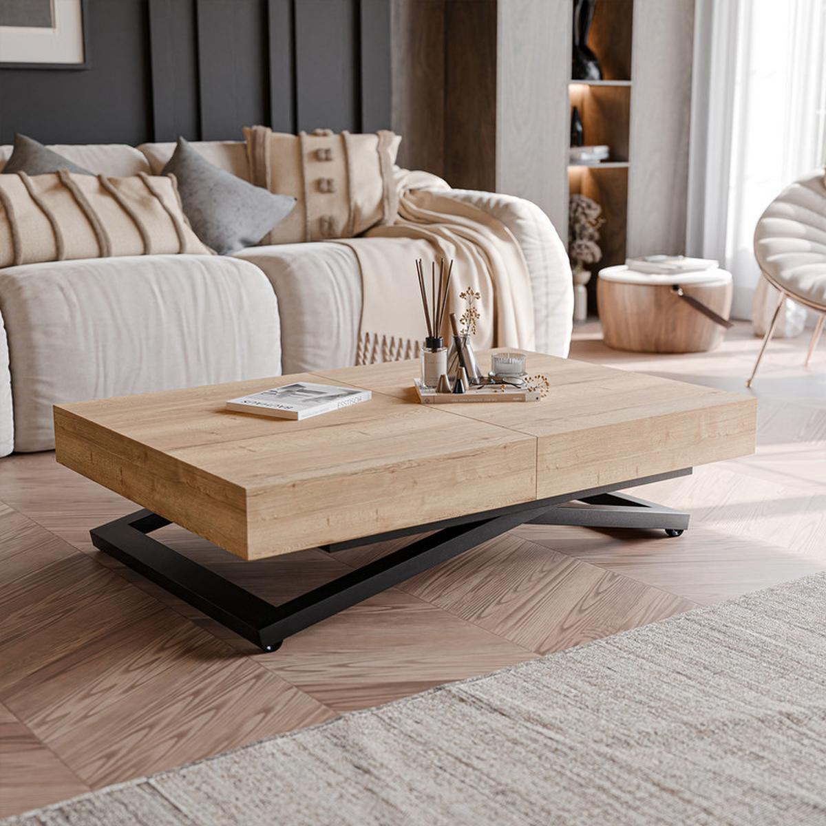 COUCHTISCH SANELLE ausziehbar mit Liftfunktion, 120/80/76 cm Schwarz / Halifax-Eiche - Eichefarben/Schwarz, Holzwerkstoff/Metall (80/120/27cm) - Idohome