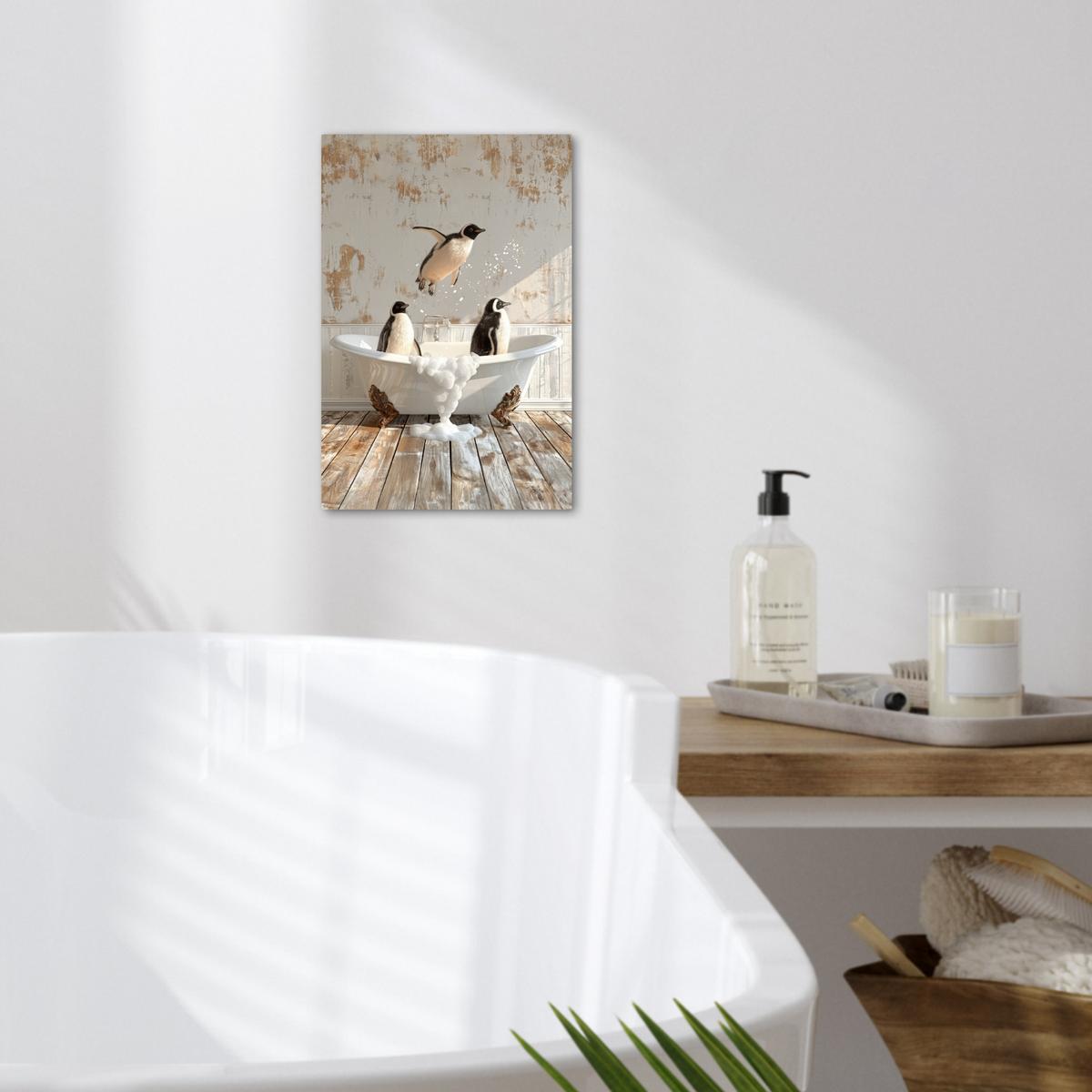 LEINWANDBILD Vintage - Pinguin - Badewanne - Schaumstoff Deko Wohnzimmer 20x30 cm - Schwarz, Textil (20/30cm) - MuchoWow