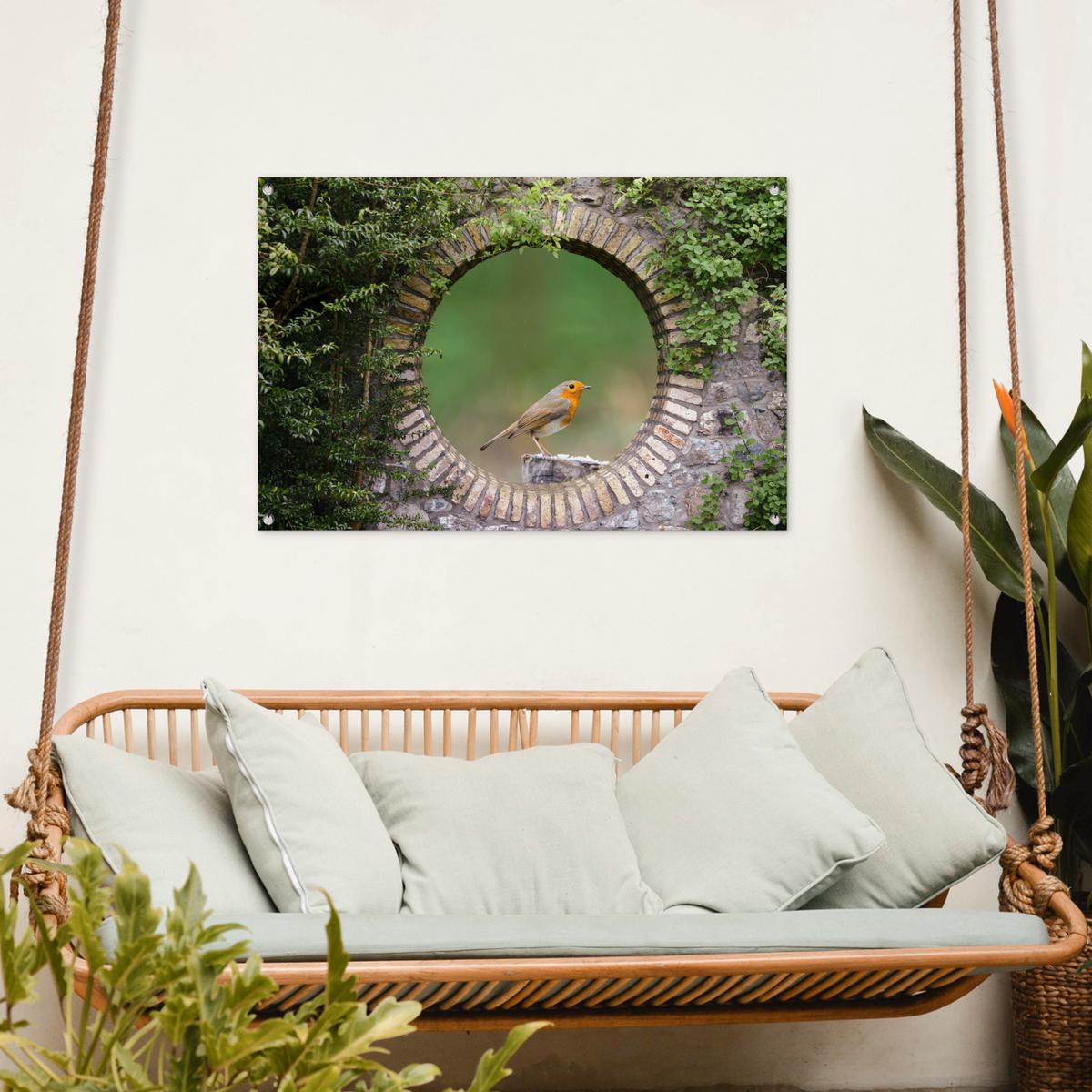 GARTENPOSTER Vogel - Durchblick - Rotkehlchen Gartendeko 90x60 cm - Grün, Kunststoff (90/60/0.2cm) - OnlyWow