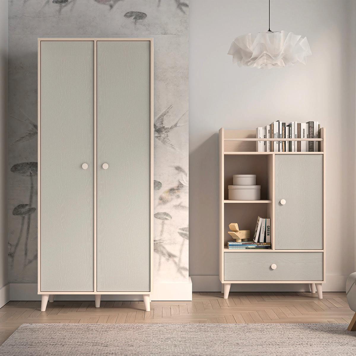 BABYKLEIDERSCHRANK 2 Türen Alycia Beige - Grau - Holzeffekt - Beige, Holz (80/190/51cm) - Petits-meubles