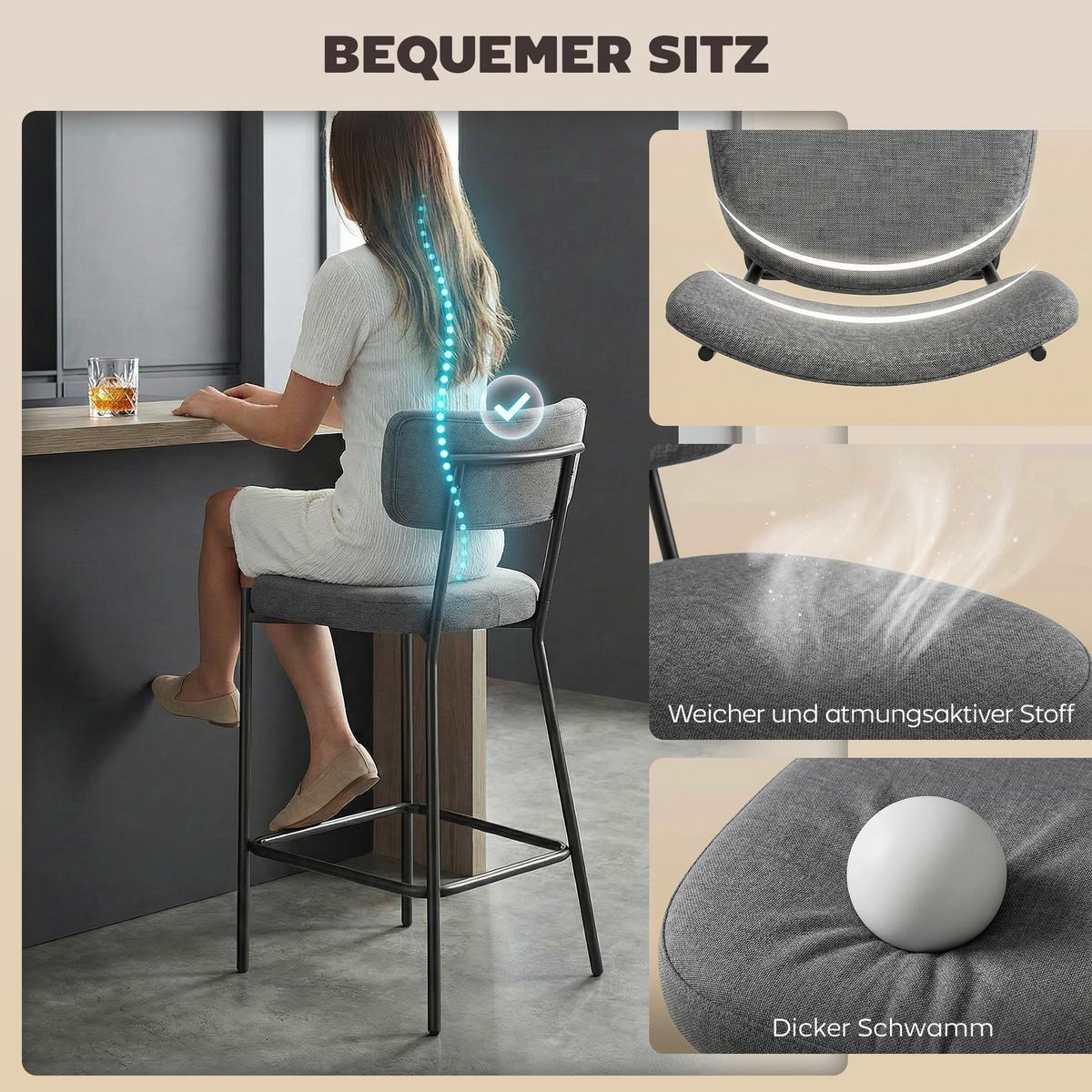 BARHOCKER SET 2 TLG. aus Polyester Metall Grau - Schwarz/Grau, Textil/Metall (49/93/53cm) - HOMCOM