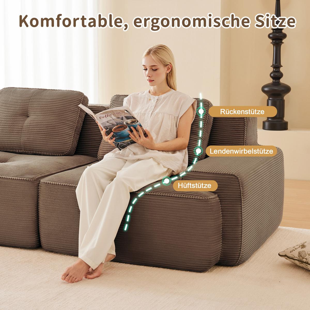 2-SITZER SOFA cord braun modular & extratiefer sitz - Walnussfarben, Textil (204/69/104cm) - Urban Meuble