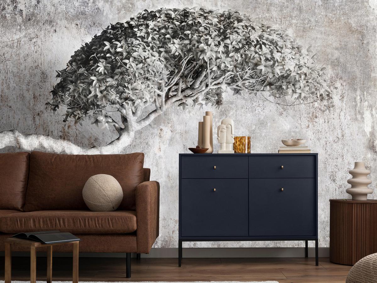 FOTOTAPETE Abstrakter Baum Beton 3D Effekt 400x280 - Schwarz/Grau, Papier (400/280cm) - Muralo